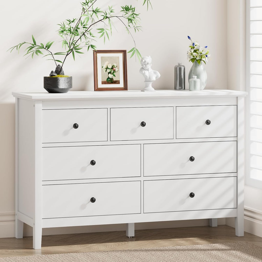 White Dresser , 7 Drawer Dresser with Wide Drawers and Metal Handles, Wood Dressers & Chests of Drawers for Hallyway