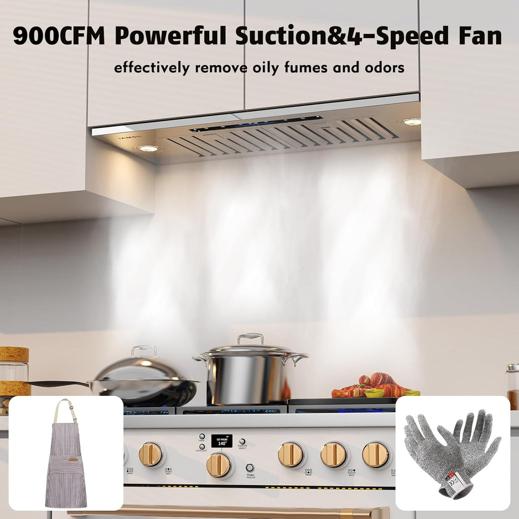 30 Inch Stainless Steel Range Hood Insert 900 CFM 4 Speed Gesture & Touch Control Convertible Ducted/Ductless