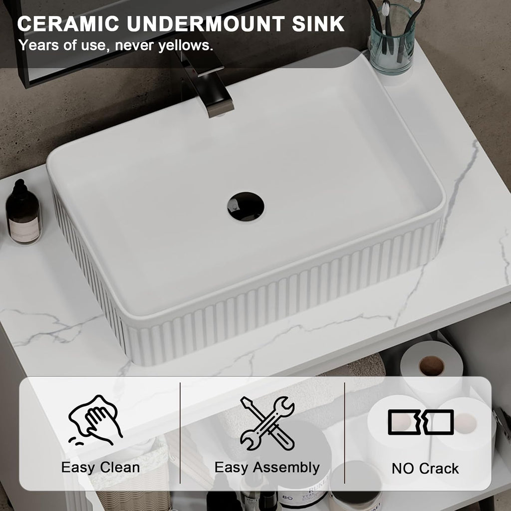 30" Bathroom Vanity, White Fluted Bathroom Vanity with Ceramic Sink and Countertop