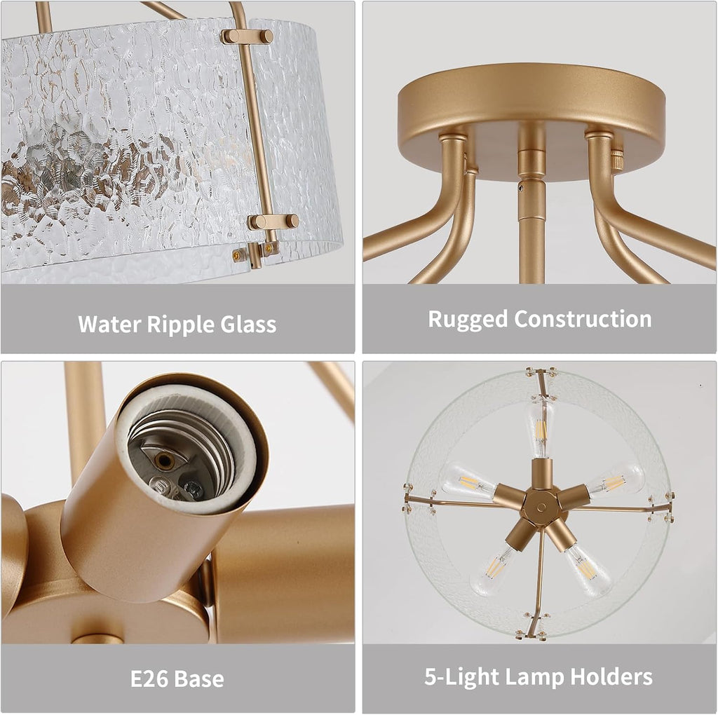 Semi Flush Mount Ceiling Light Fixture,Glass Drum Kitchen Lighting Fixtures Ceiling,18''Gold Modern Light Fixture