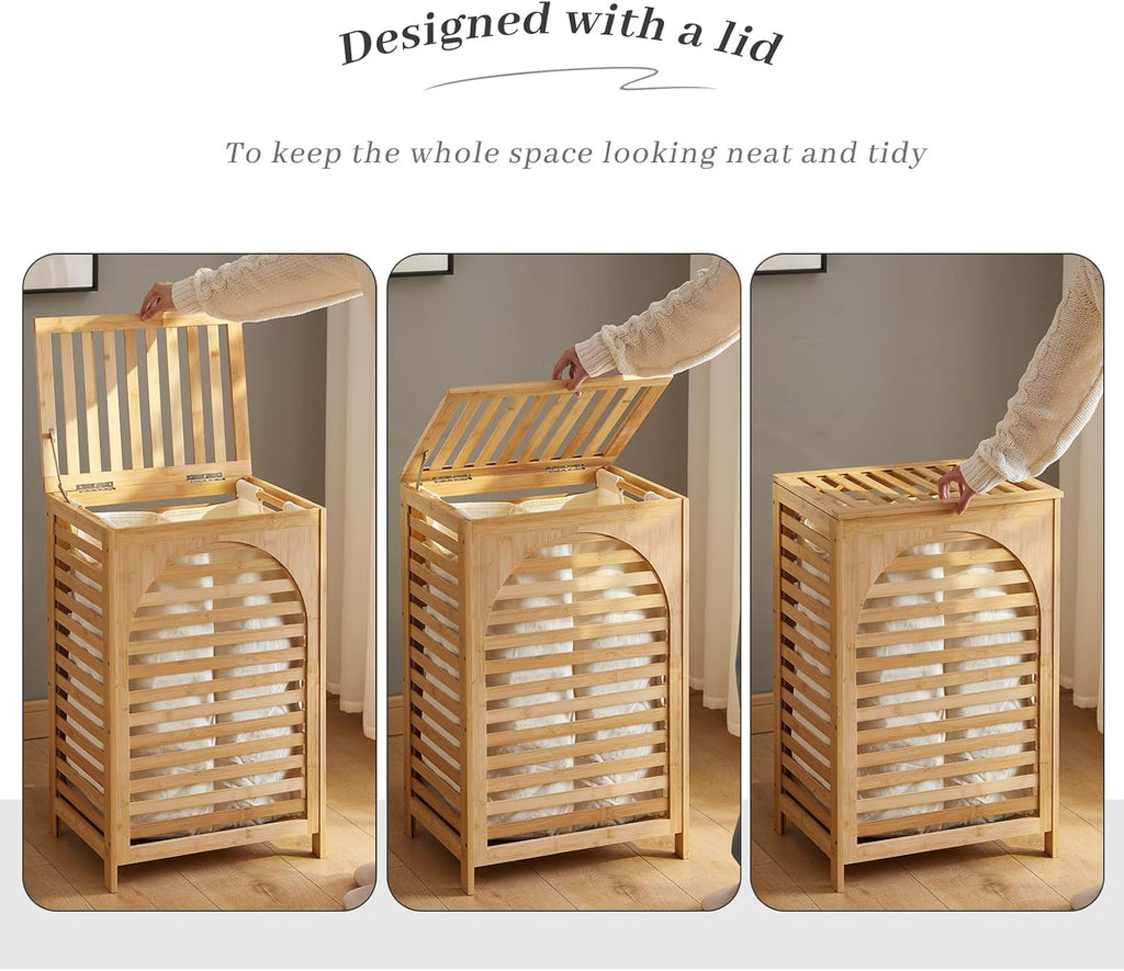 Laundry Hamper with Lid,Bamboo Large Waterproof Clothes Laundry Basket,Removable Washing Bags with Handles,clothes