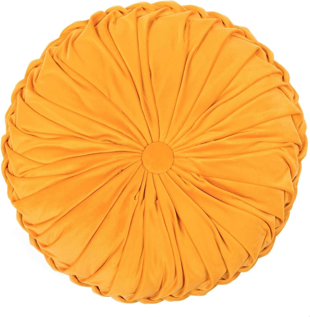 Round Pleated Soft Velvet Decorative Throw Pillow, 1 Count, 15" Diameter, Navy - Blue Plush Round Pillow, Seat