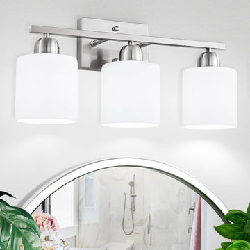 Brushed Nickel Bathroom Light Fixture, Anti-Rust Finish 3 Light Vanity Lights , Bath Lights with Milky White Frosted