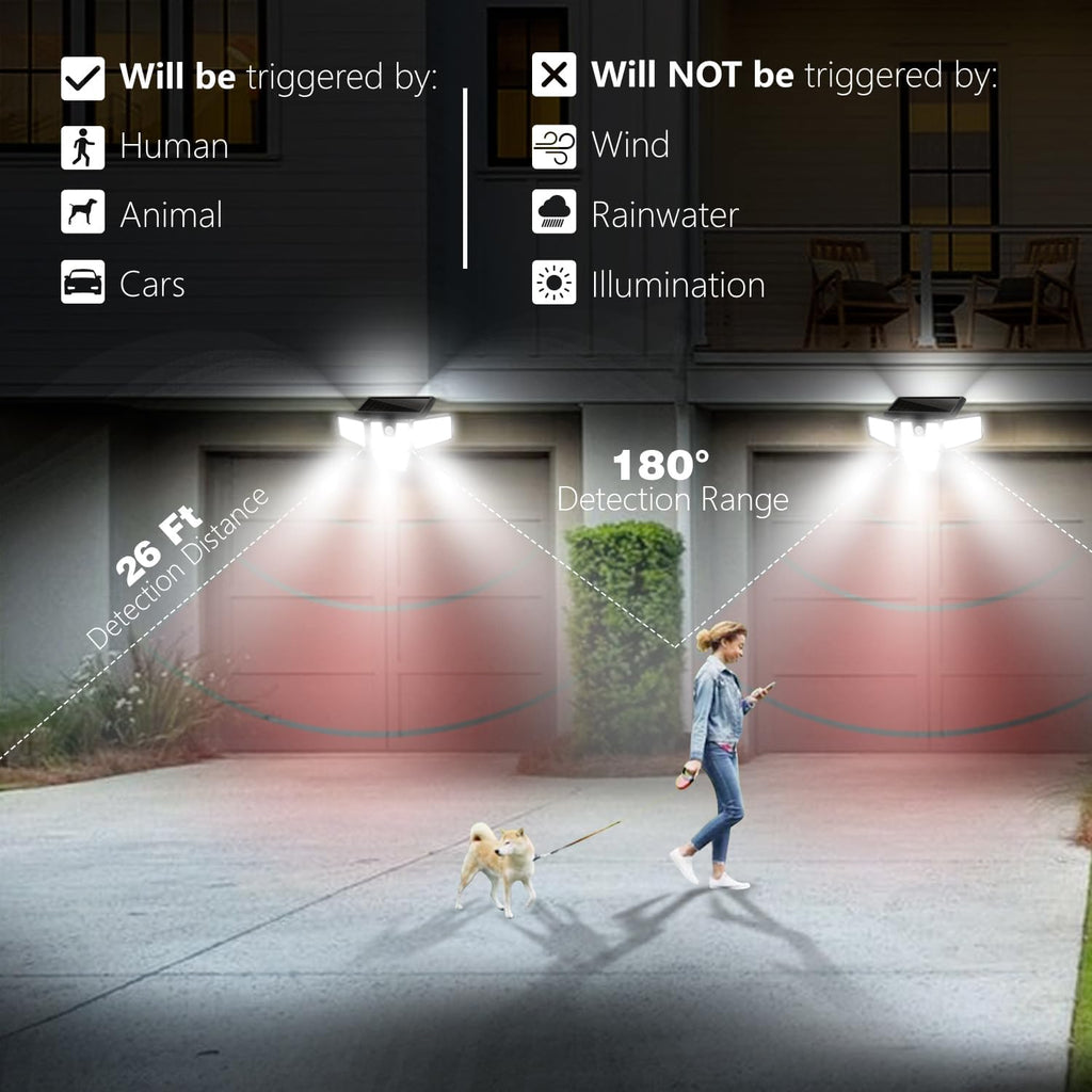 Solar Lights Outdoor, 2 Pack 300 LED High Brightness Cordless Solar Motion Sensor Lights; 4 Adjustable Heads,320°