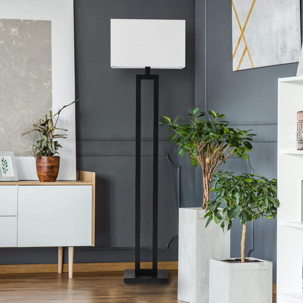 67046 58" Floor Lamp, Matte Black Finish, White Linen Rectangular Shade, Modern Geometric Cutout Design, E26 Base