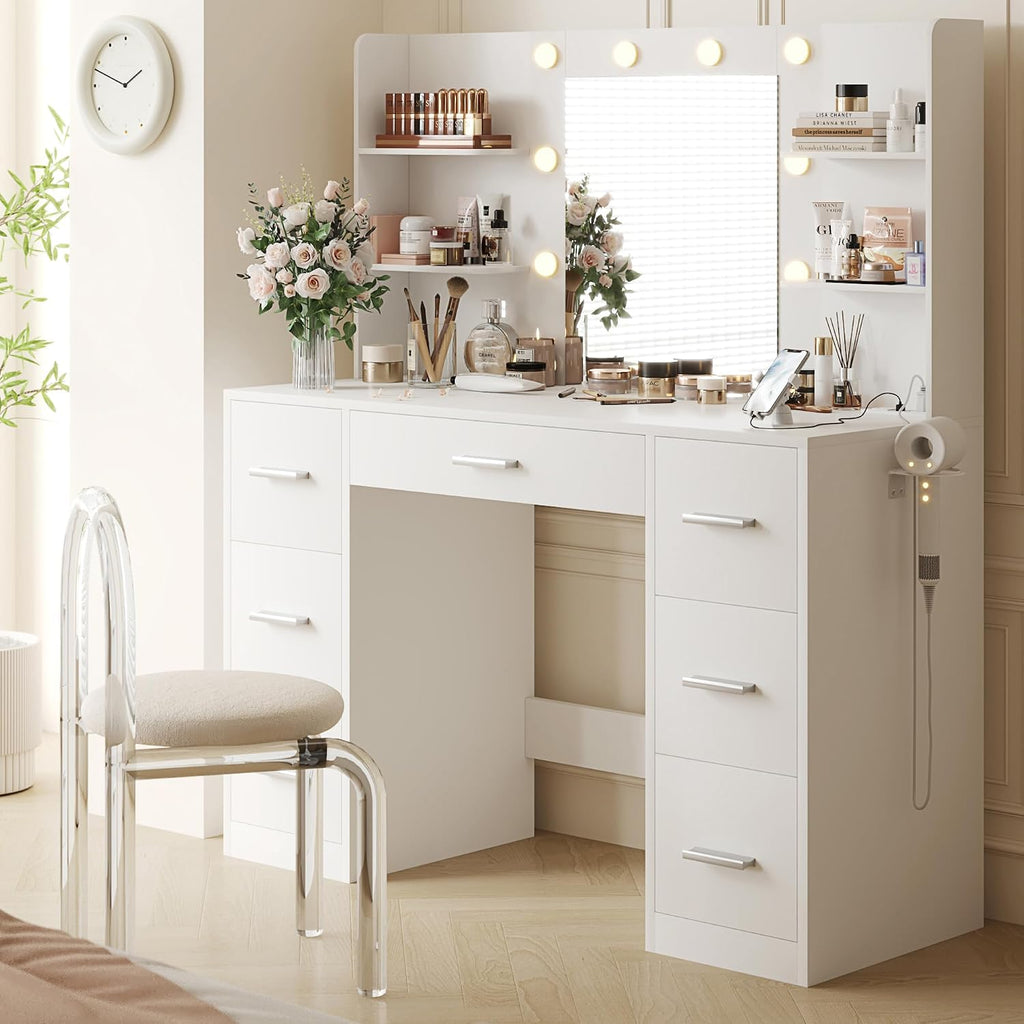 Vanity Desk with Mirror, Power Outlet and 10 Lights, Makeup Table with 7 Drawers, 3 Color Modes Available , Pure White