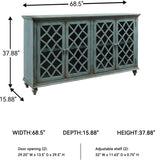 Mirimyn Vintage 69" 4-Door Accent Cabinet with Mirrored Glass and 2 Adjustable Shelves, Antique Blue