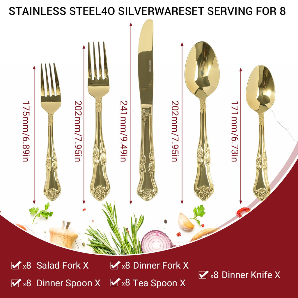 Silverware Set,Stainless Steel Flatware Cutlery Set with Floral Handles,Included Knife Spoon and Fork, Mirror