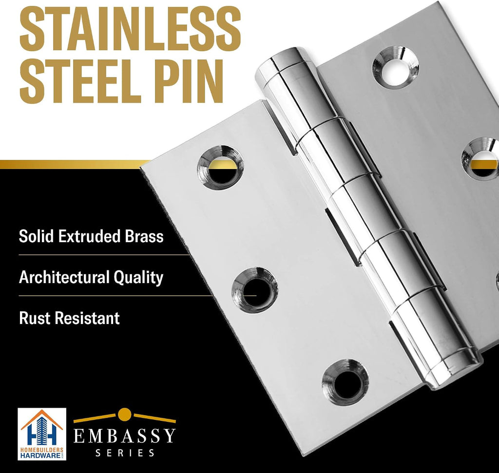 Door Hinges 3.5 x 3.5 Solid Brass Ball Bearing Polished Chrome w Tips - Set of 3