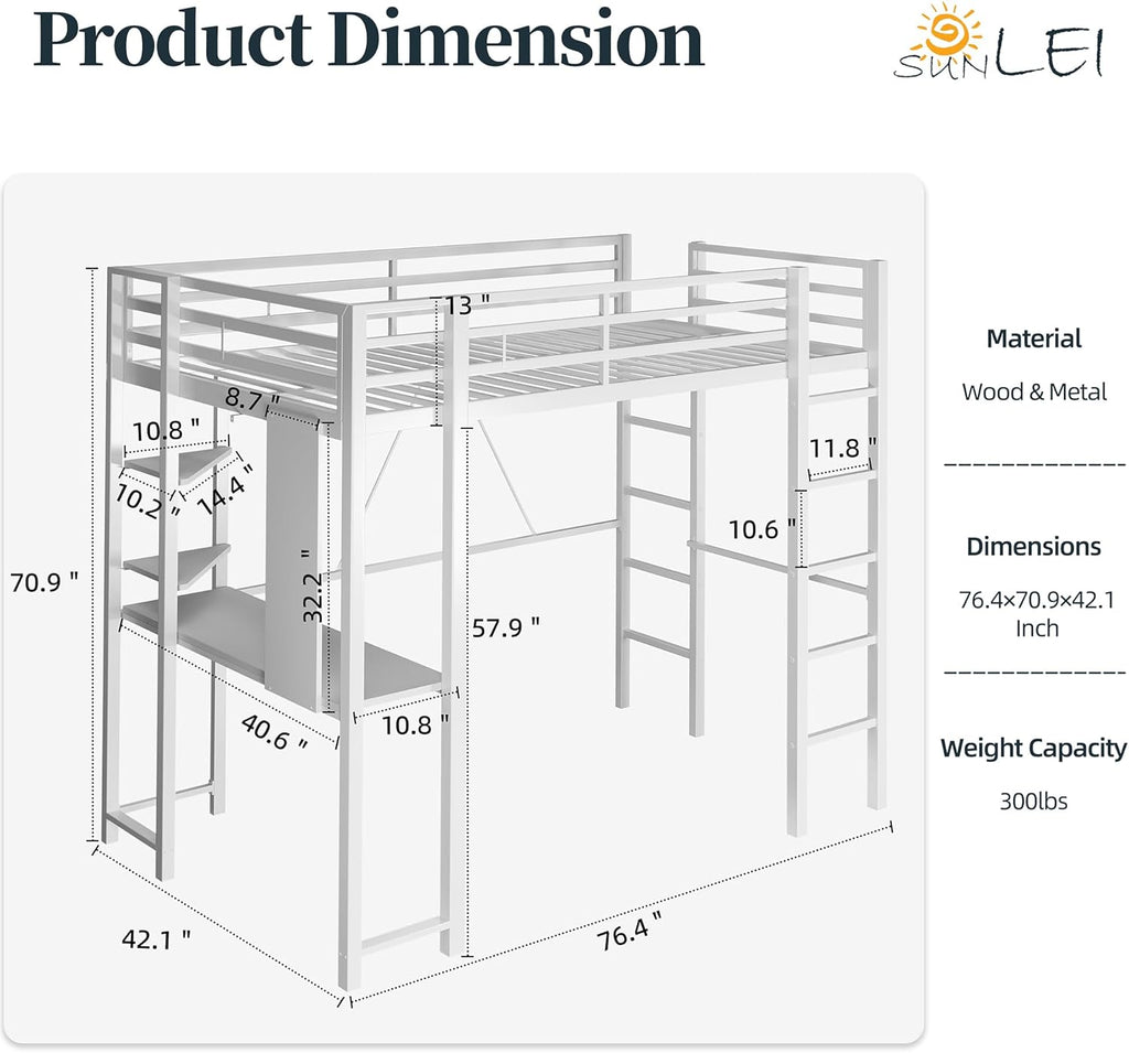 Metal Twin Loft Bed with Desk, Twin Loft Bed with 2 Built-in Ladders & Safety Guard, Noise Free for Small Bedroom