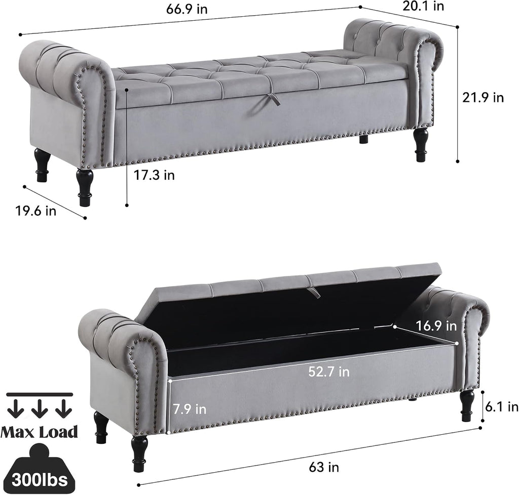 Velvet Storage Bench 67 Inch Upholstered Tufted Ottoman Bench with Arms King Size End of Bed Bench Living Room