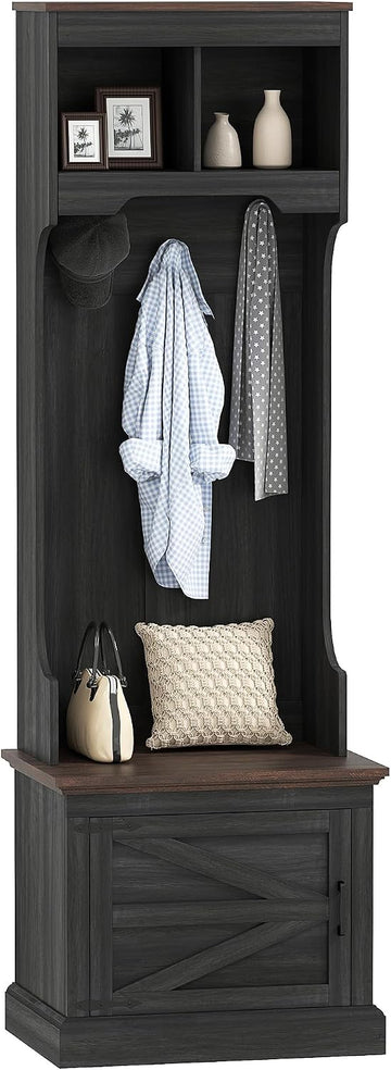 3-in-1 Hall Tree with Shoe Storage, Standing Coat Rack with Shoe Bench, Entryway Furniture with Three Hooks, Black