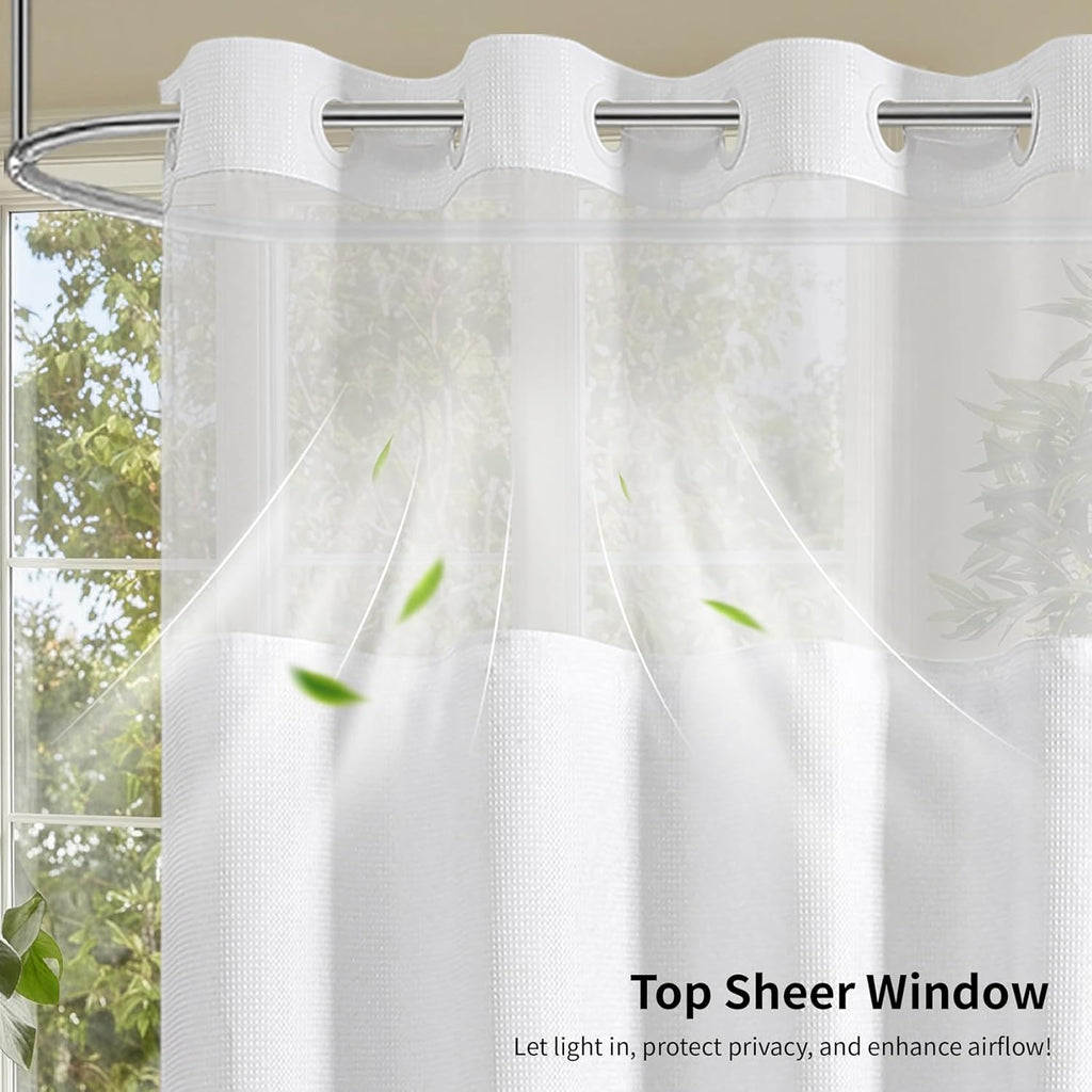 No Hook Waffle Weave Shower Curtain with Snap-in Fabric Liner Set,White Shower Curtains with See Through Top