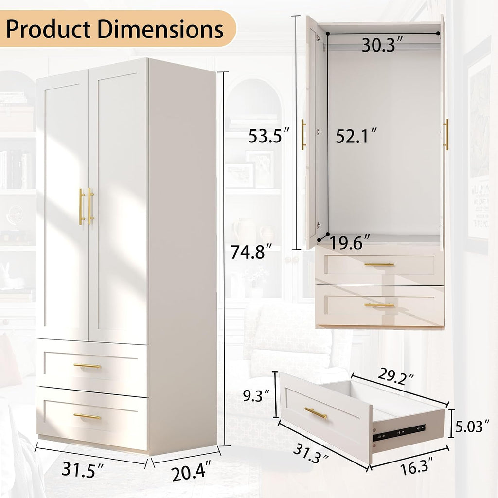 White Wardrobe with 2 Doors: 75" Tall Armoire Wardrobe Closet with 2 Drawers, Bedroom Closet Cabinet for Hanging