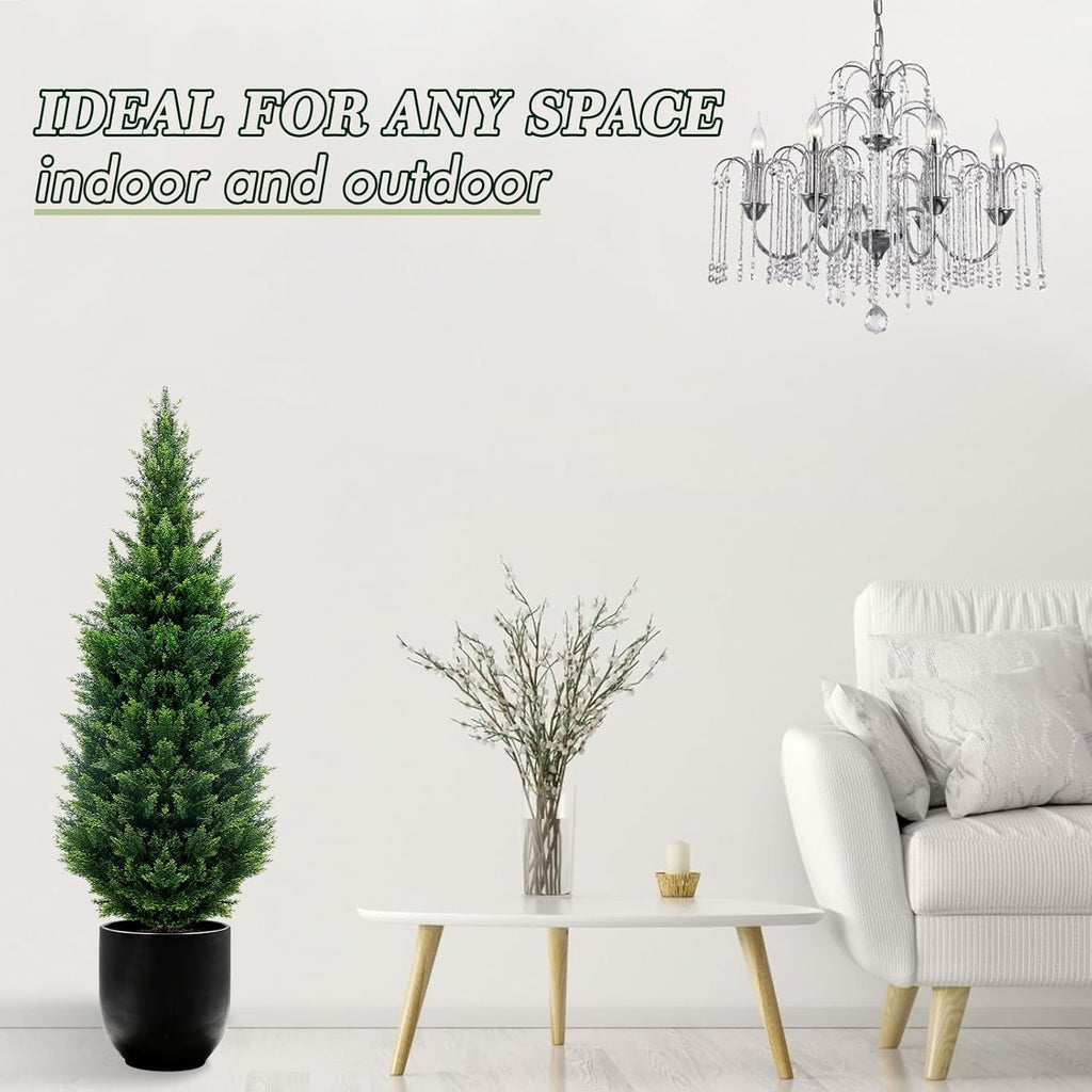 3Ft Artificial Cedar Topiary Trees (4-Pack) - UV Resistant Fake Shrubs with Ground Spike for Outdoor & Indoor Use