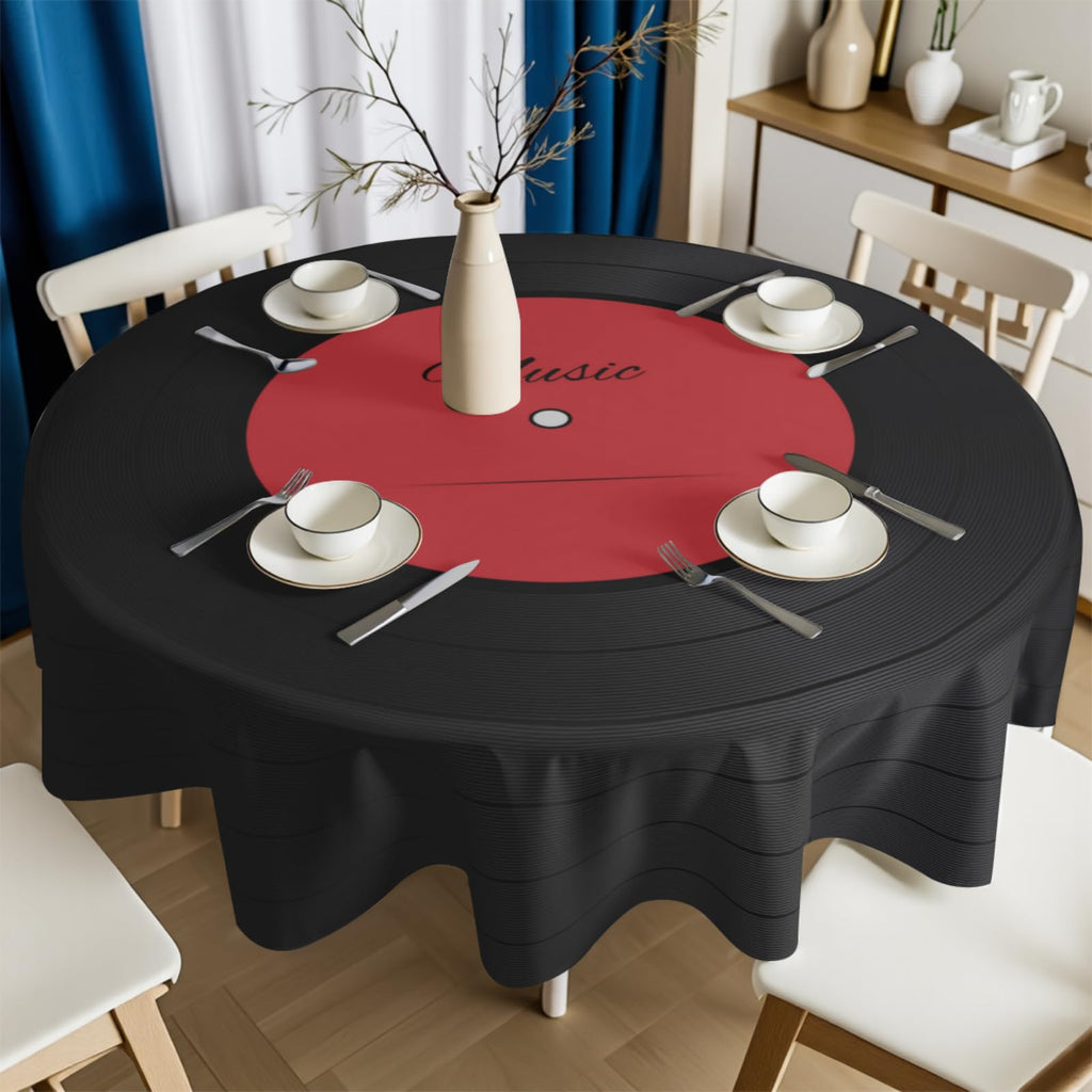 Music Tablecloth Round 60 Inch Vinyl Record Player Table Cloth Circle CD Shaped Table Cover Waterproof Wipeable