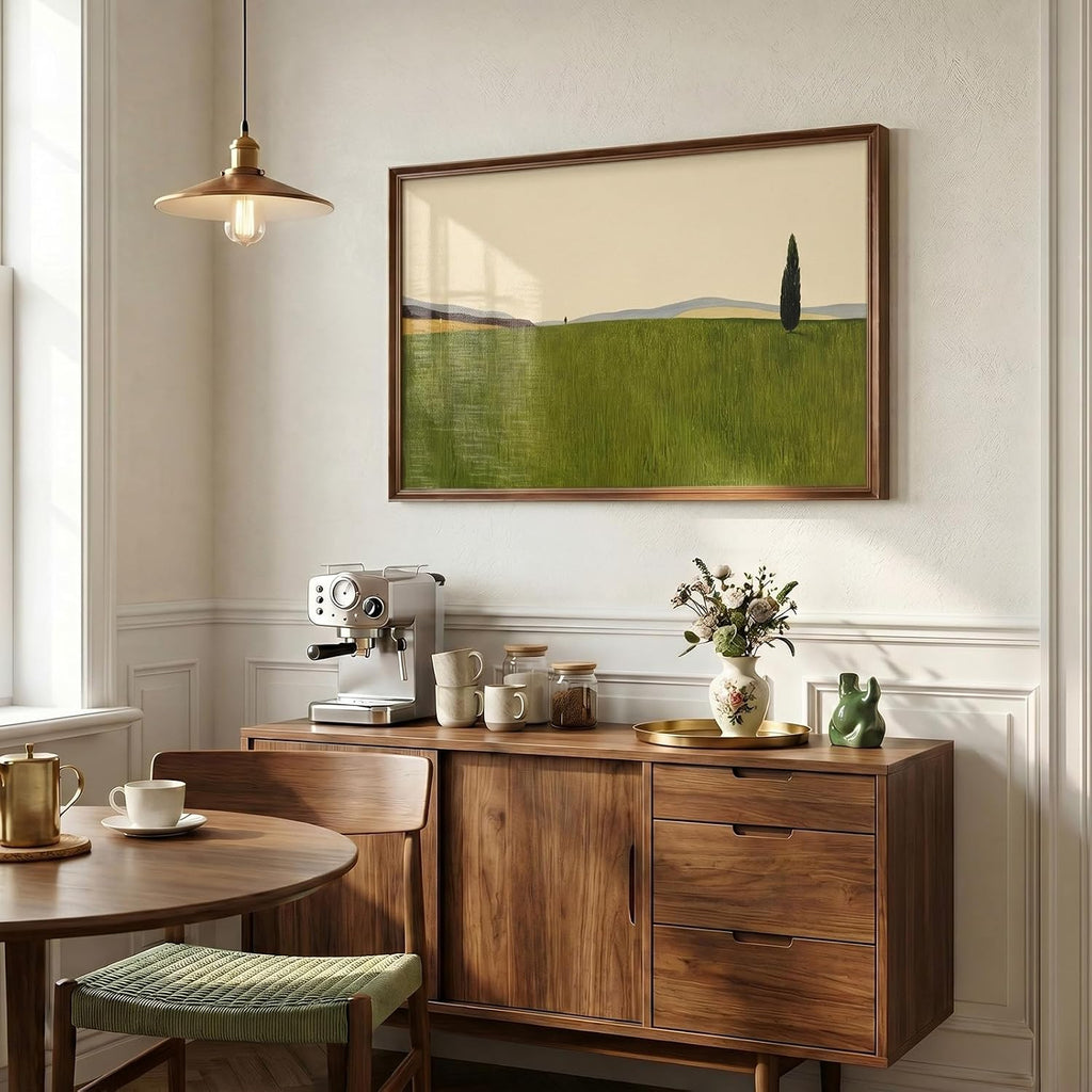 Vintage Framed Green Abstract Landscape Wall Art, Modern Sage Green Canvas Paintings Artwork for Walls, Rustic Tree