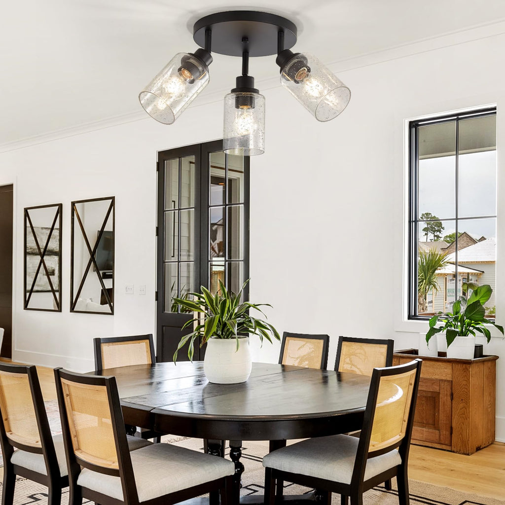 Track Lighting with Rotatable Light Heads, Black Ceiling Track Lighting Fixtures with Seeded Glass Shade