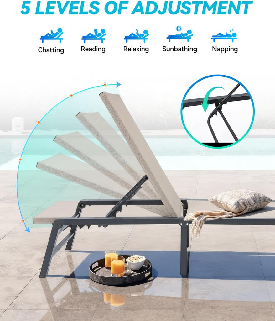 Aluminum Chaise Lounge Outdoor, Foldable & Assemble-Free Lounge Chair Outdoor Set of 2, Lounge Chair with 5