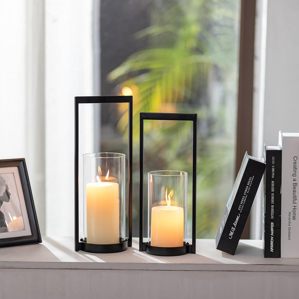 Hurricane Candle Holder for Pillar: Black Modern Candle Holders for Table Centerpiece - Geometric Candle Stand Set of