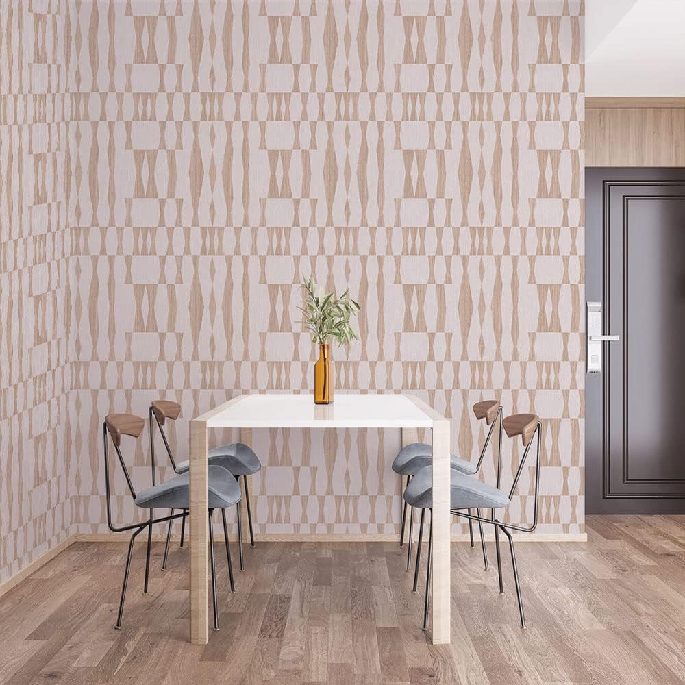 Beige Textured Faux Grasscloth Geo Removable Peel and Stick Wallpaper, 20.5 in X 16.5 ft, Made in The USA, Jute
