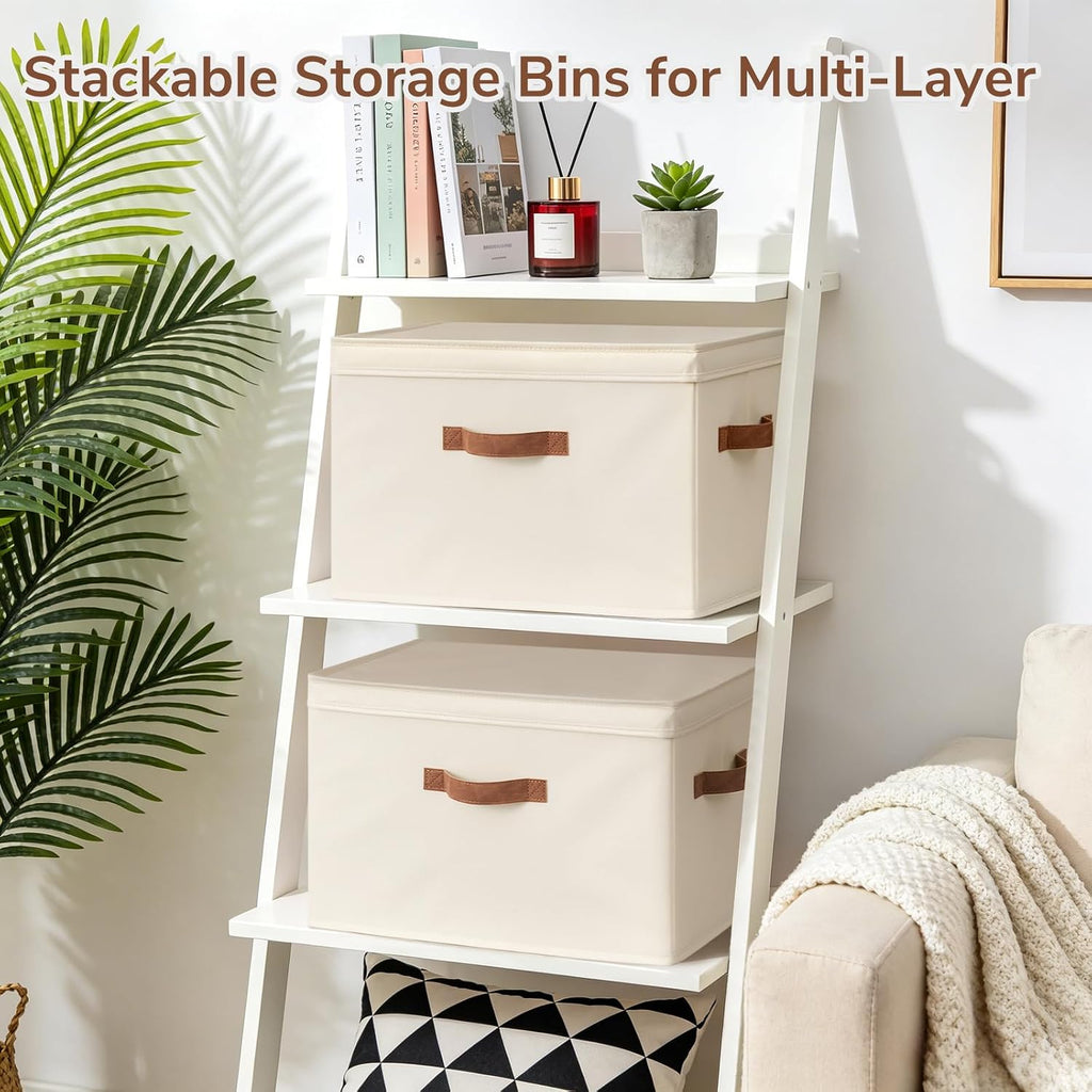 4-Pack Large Fabric Storage Bins with Lids for Shelves, Ivory | 17.1" x 11.2" x 11.6" Decorative Storage Boxes with