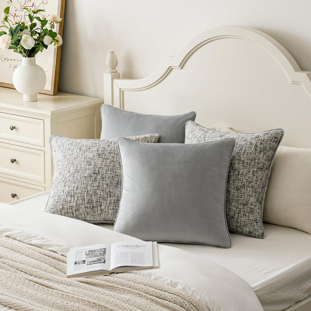Grey 4 Pack Throw Pillow Covers - Chenille & Velvet Set with Piping, Farmhouse Textured Design Pillow Cases for Couch