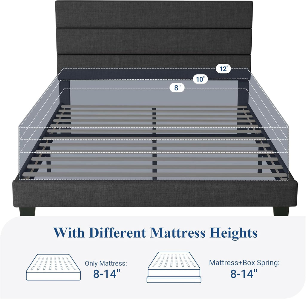 Full Platform Bed Frame with Fabric Upholstered Headboard and Wooden Slats Support