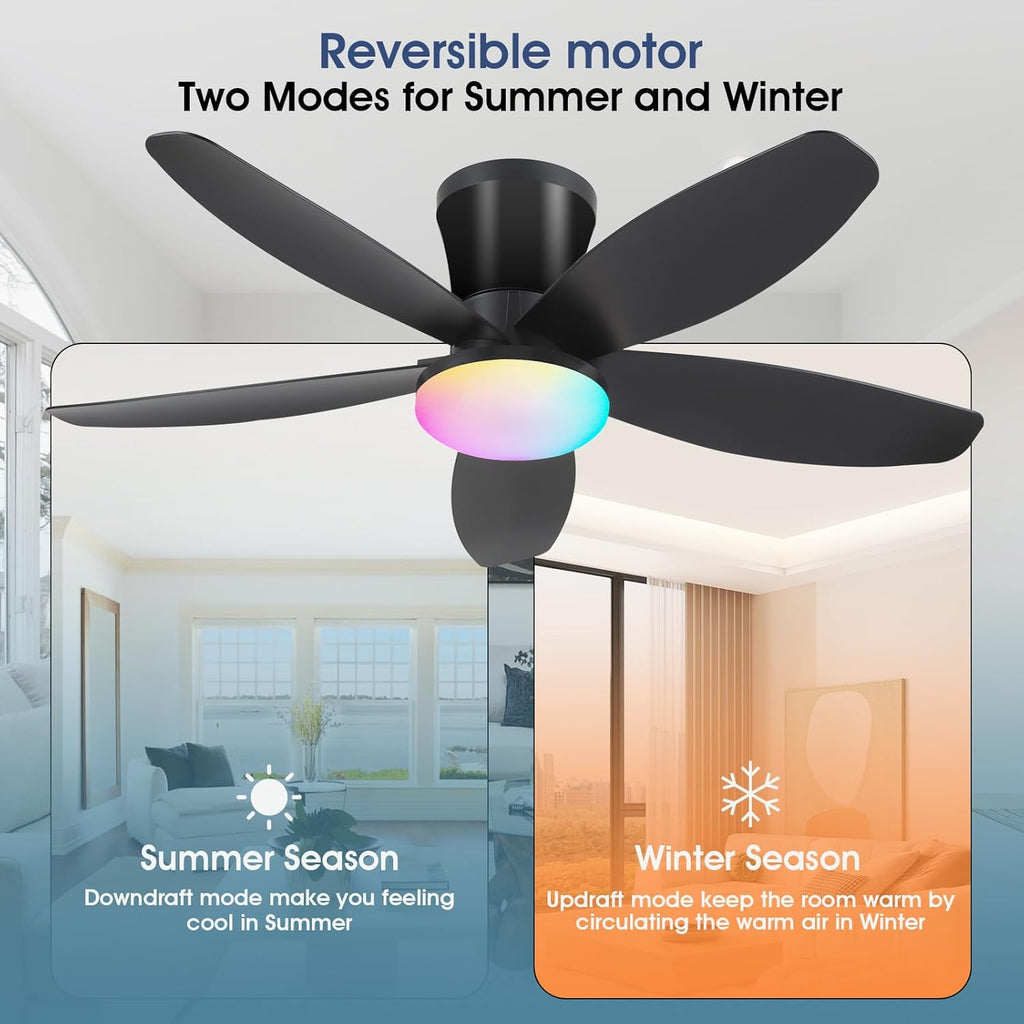Flush Mount RGB Ceiling Fans with Lights-36 Low Profile Ceiling Fan with Light and Remote/APP Control,DC Reversible,LED Dimmable Black Ceiling Fans for Bedroom,Indoor/Outdoor Patio Use