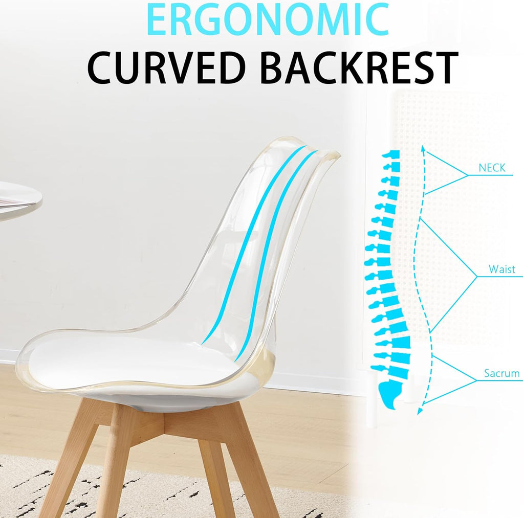 Clear Dining Chairs Set of 2, Modern Acrylic Dining Chair Transparent Chairs with PU Leather Cushions Seat & Wood Legs