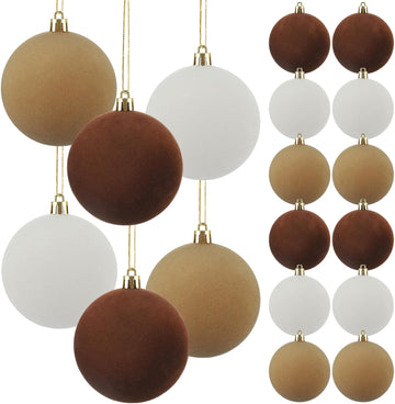 Velvet Christmas Balls Ornaments 3.15" Flocked Shatterproof Plastic Christmas Ball Brown Neutral Beige Velvet - Set of 12