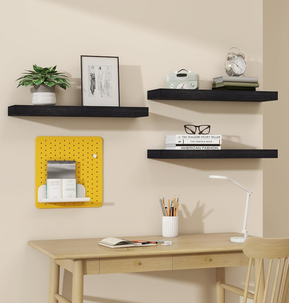 Black Rustic Floating Wall Shelves 24in Set of 3 Hidden | 3 Black Floating Shelves 24in , Rustic Wood Invisible