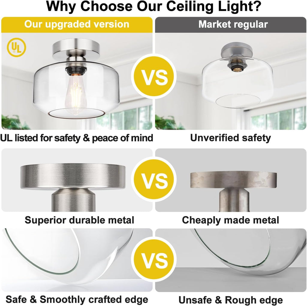 Industrial Semi Flush Mount Ceiling Light Brushed Nickel, Clear Glass Shade Ceiling Light Fixture, Farmhouse Light