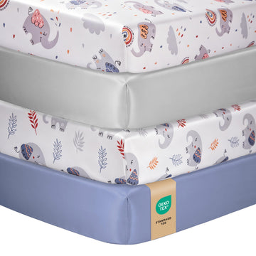 Fitted Baby Crib Sheets, 4 Pack, 52x28 in, Elephant Gray Blue