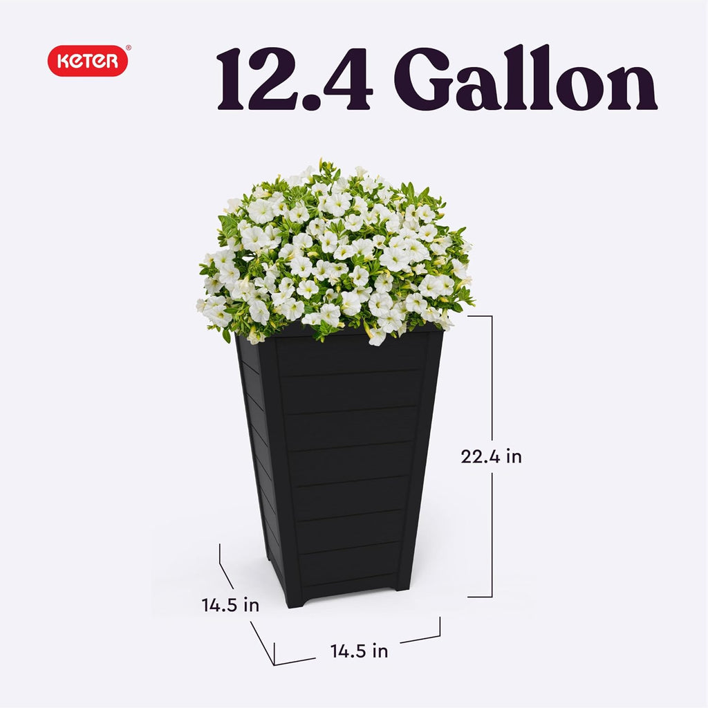 Set of 2 Resin Modern Outdoor 22 Inch Tall Large Flower Pots, Tapered Wood Look Planters for Outdoor Plants and Front