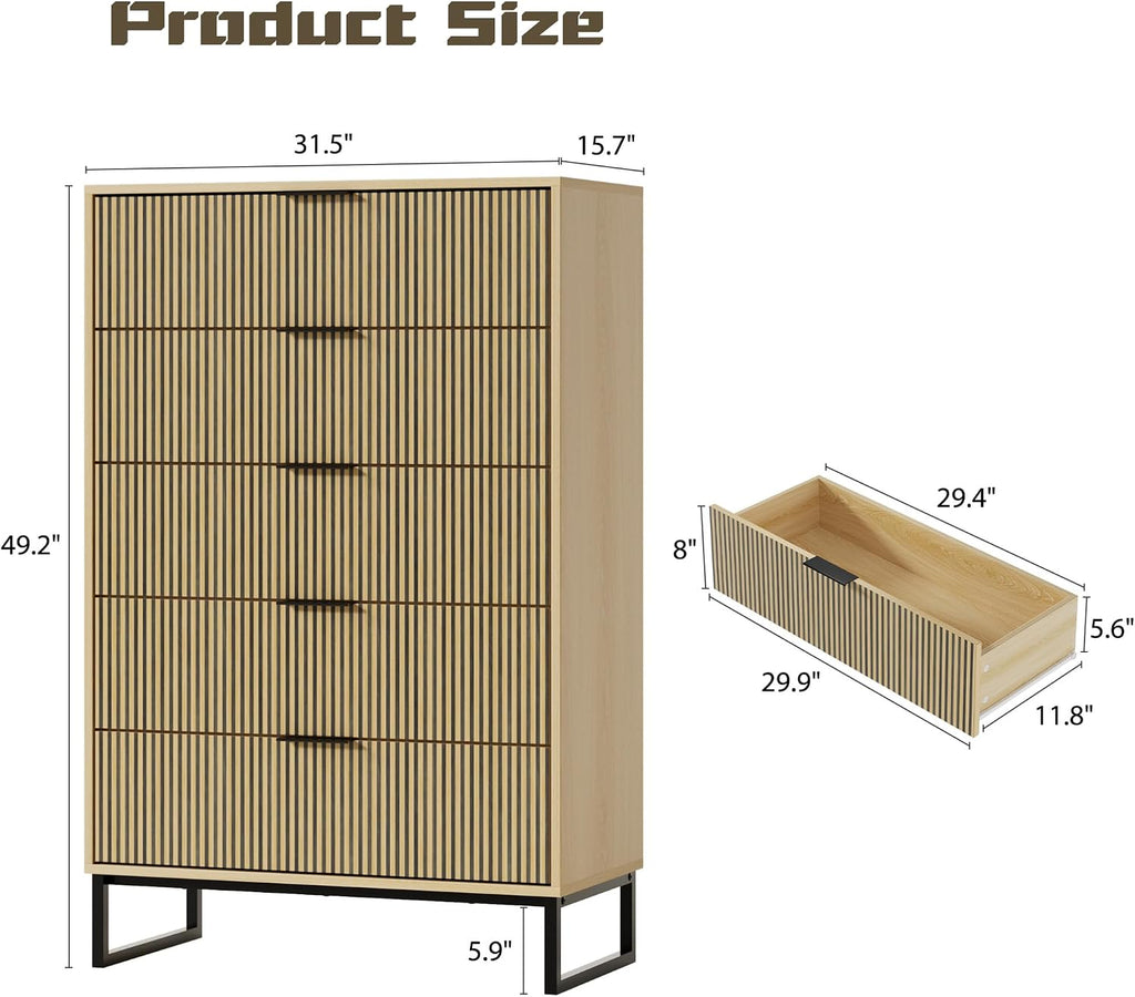 Tall 5 Drawers Dresser , Natural Wood Dresser with Metal Handle, 49.2'' Chest of Drawers Modern Drawer Organizer with