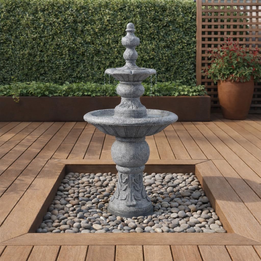 52.56 in. Outdoor Two-Tier Water Fountain with Realistic ICY Stone Texture Living Spaces Creating a Calming Oasis