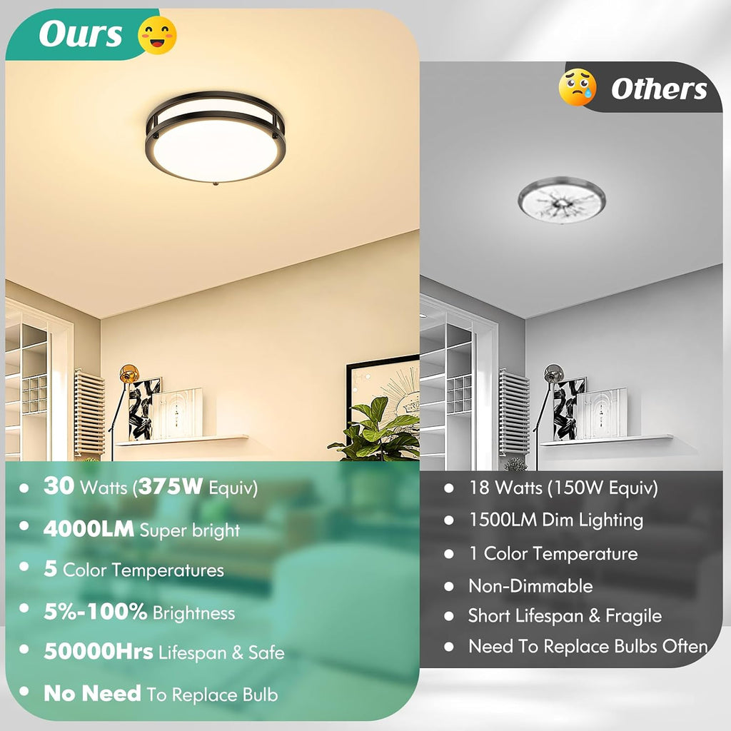 Flush Mount Ceiling Light Black 30W 5CCT Dimmable 10 Inch 2-Pack | 4000LM 2700K/3000K/4000K/5000K/6500K Adjustable