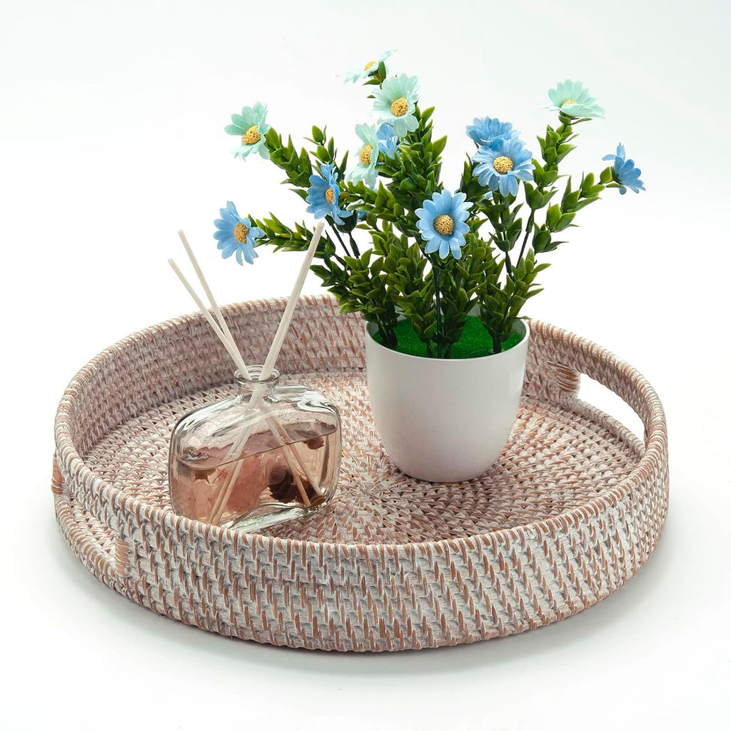 11.8" Round Rattan Tray, Hand Woven Serving Tray with Handles, Wicker Serving Basket, Decorative Tray Decor, Whitewash