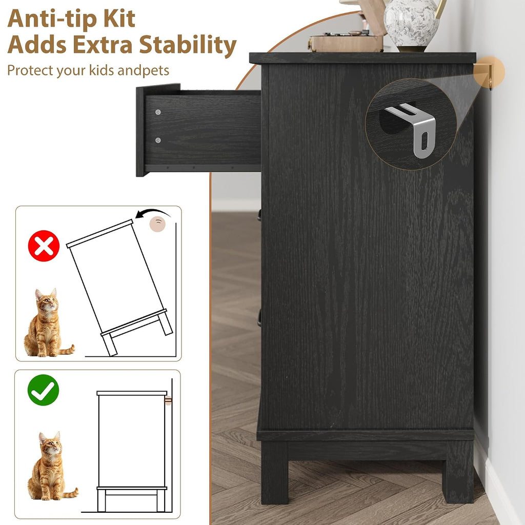 6 Dresser , 47 in Wide Drawer Dresser with Storage Freestanding, Wooden Closet Storage Chest , Dark Black