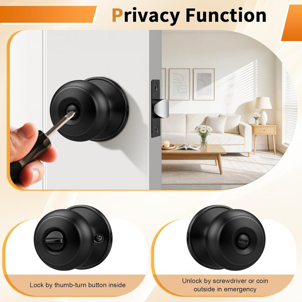 Black Door Knobs Bathroom, Interior Door Knob with Round Ball, Matte Black Privacy Door Knob, 6 Pack