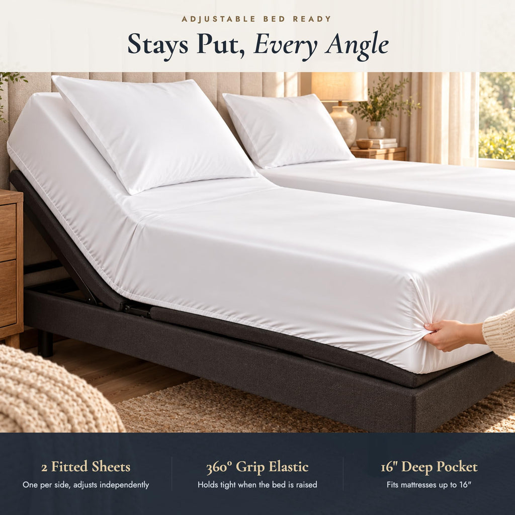 Split King Sheets Sets for Adjustable Bed, 7Pc Egyptian Cotton Sheets White