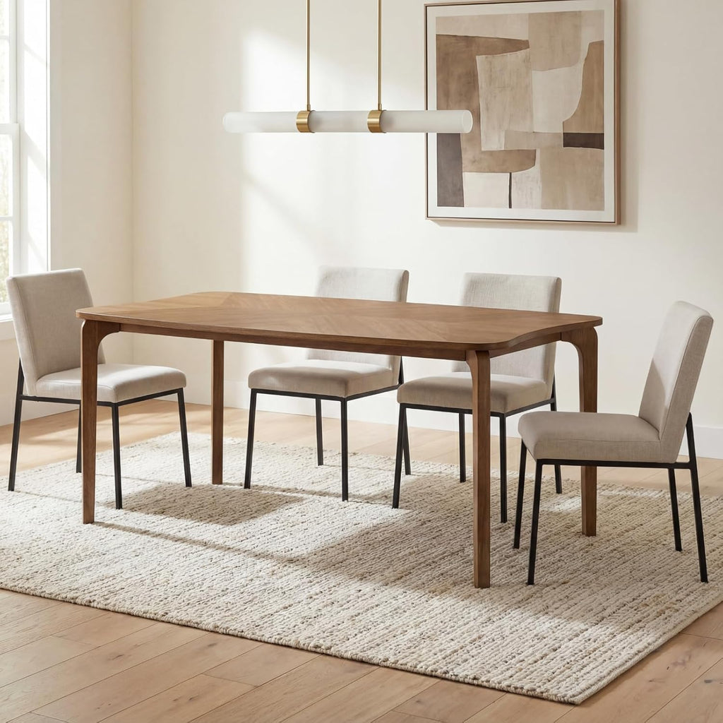Mid-Century Modern Walnut Color Dining Table, 63" Rectangular Kitchen Table with Solid Wood Legs, Curved Edges