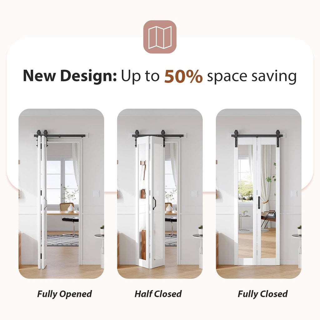 Bifold Barn Doors Double 15x84 with Mirror for Closet,White,Hardware Included