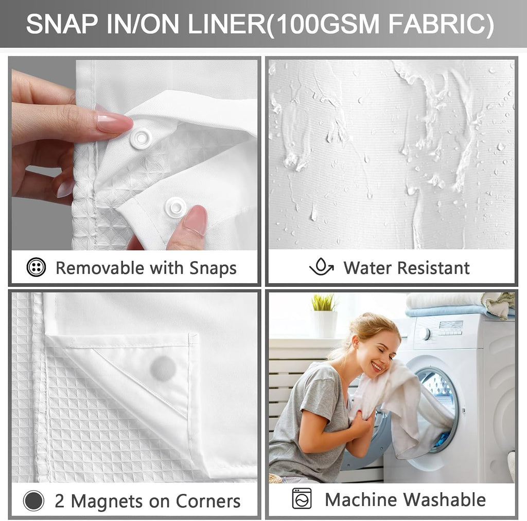 No Hook Shower Curtain with Snap in Fabric Liner,Waffle Hotel Style Waterproof Bathroom Curtain Set White 75" L x 72"