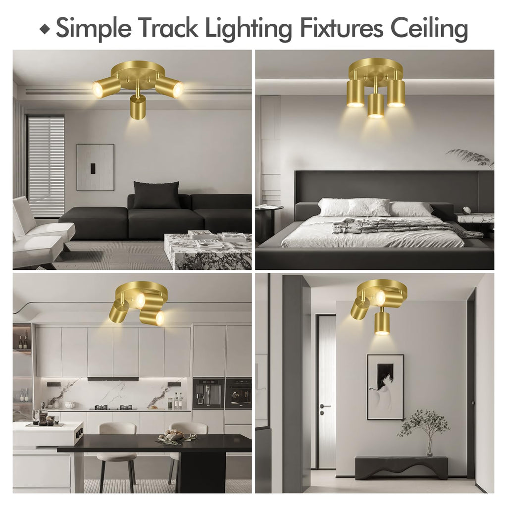 3 Light Track Lighting Fixtures Ceiling, Gold Round Directional Ceiling Spotlight, GU10 Flush Mount Track Fixture