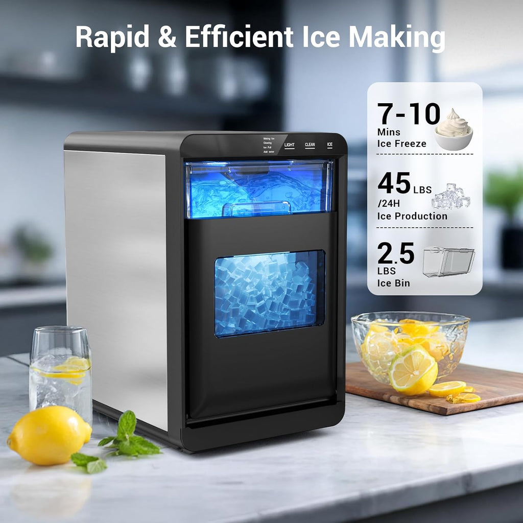 Nugget Ice Maker Countertop, 45Lbs/24H with Water Tank Pebble Ice Maker, Self-Cleaning Pellet Ice Machine Ready