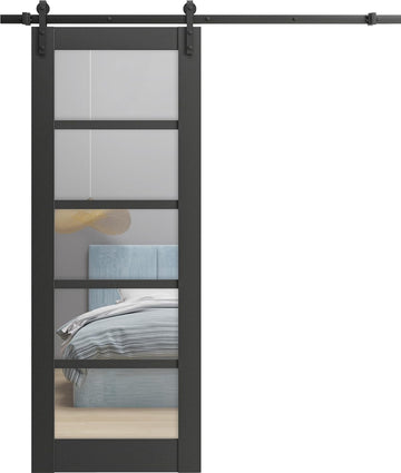 Quadro 4522 | Interior Single Sliding barn Door with Clear Glass, MDF, 42x80, Black, Modern Style | 
