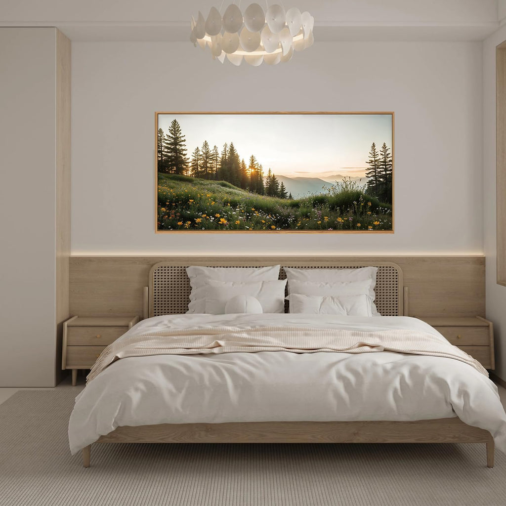 Green Forest Mountain Framed Canvas Wall Art Set, Wildflower Meadow Wall Decor, Floral Pictures Artwork, Nature
