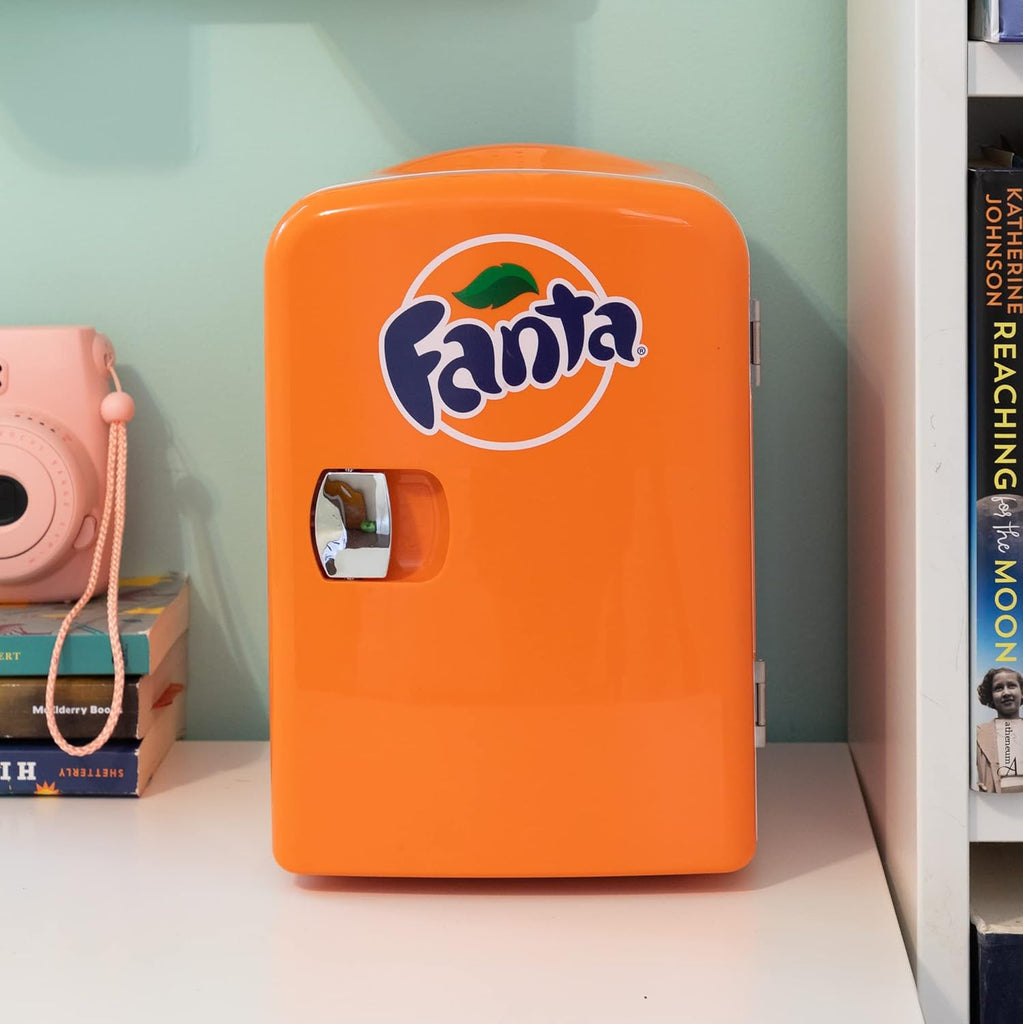 Fanta Mini Fridge - 6 Can Refrigerator for Bedroom Office, Portable Table Top Beverage Cooler, 12V 110V Refrigerador